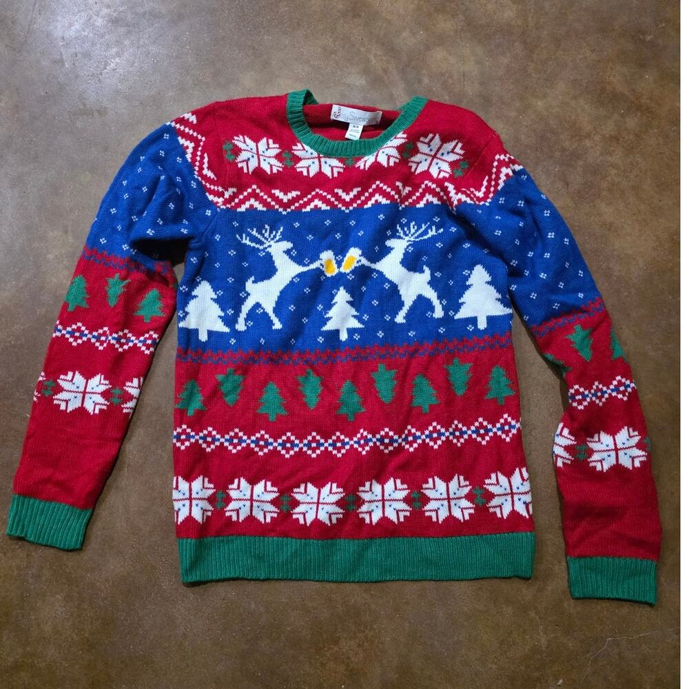 Jolly Sweaters Funny Ugly Christmas Sweater Mens MED Reindeer Roasting Beer Mugs